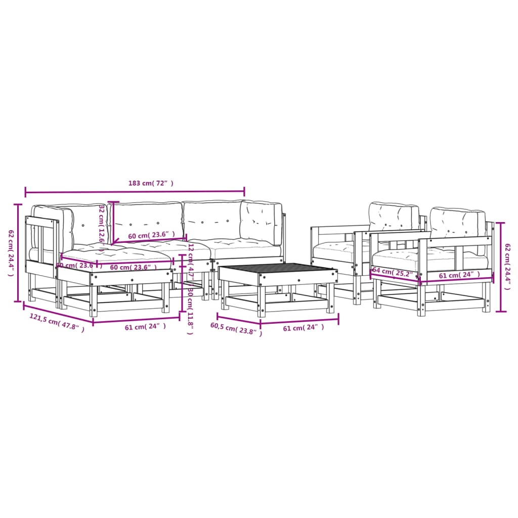 7-delige Loungeset met kussens massief hout