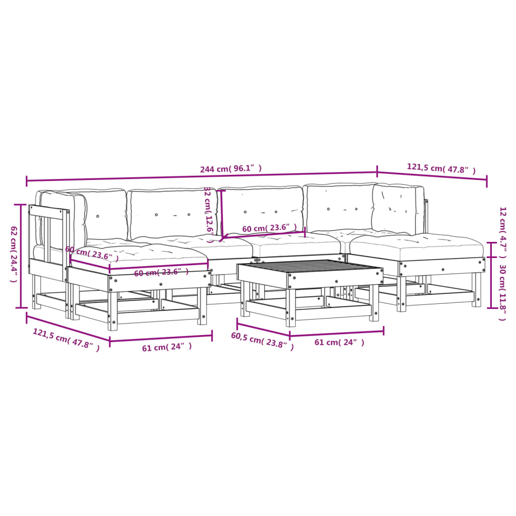 7-delige Loungeset met kussens massief hout