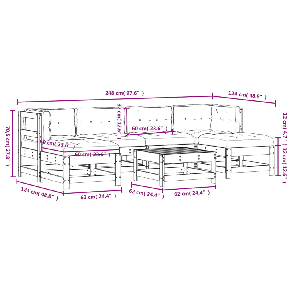 7-delige Loungeset met kussens massief hout