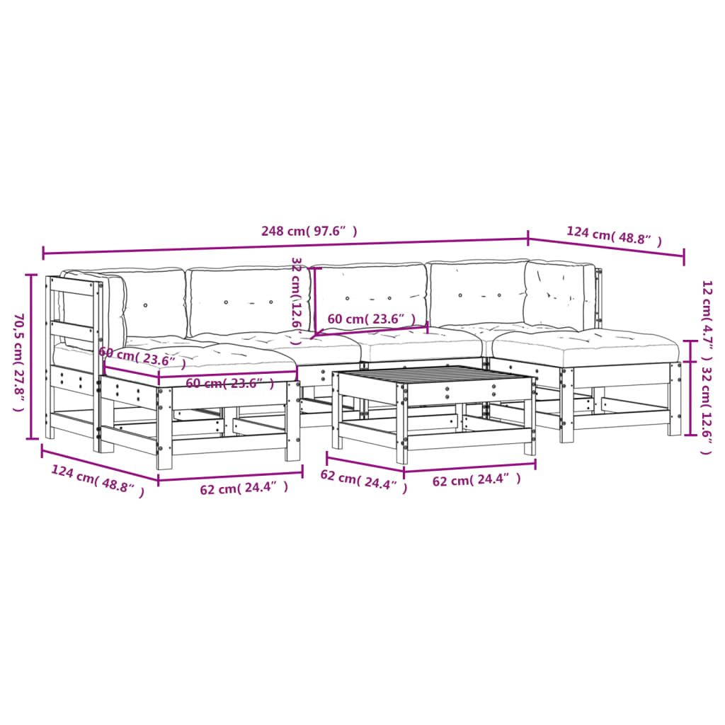 7-delige Loungeset met kussens massief hout