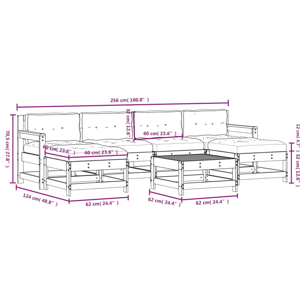 7-delige Loungeset met kussens massief hout