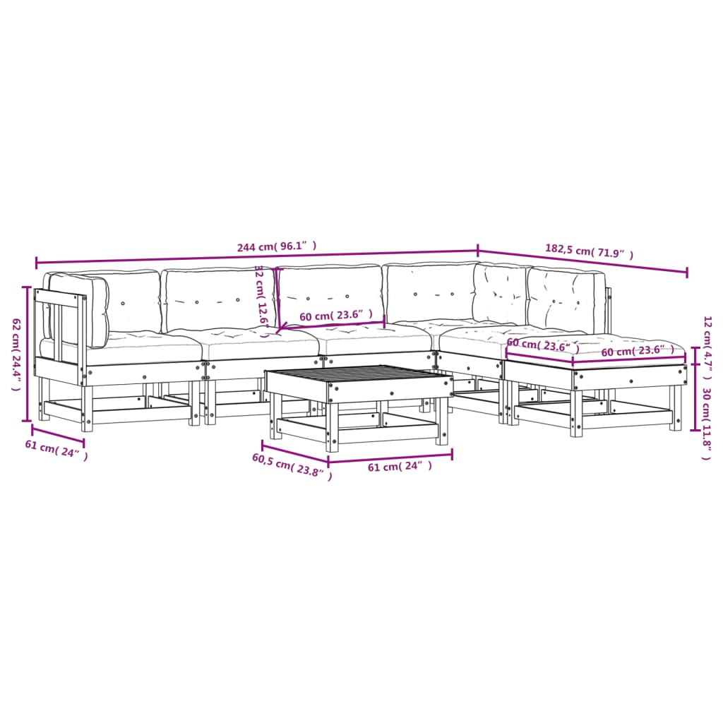 7-delige Loungeset met kussens massief hout