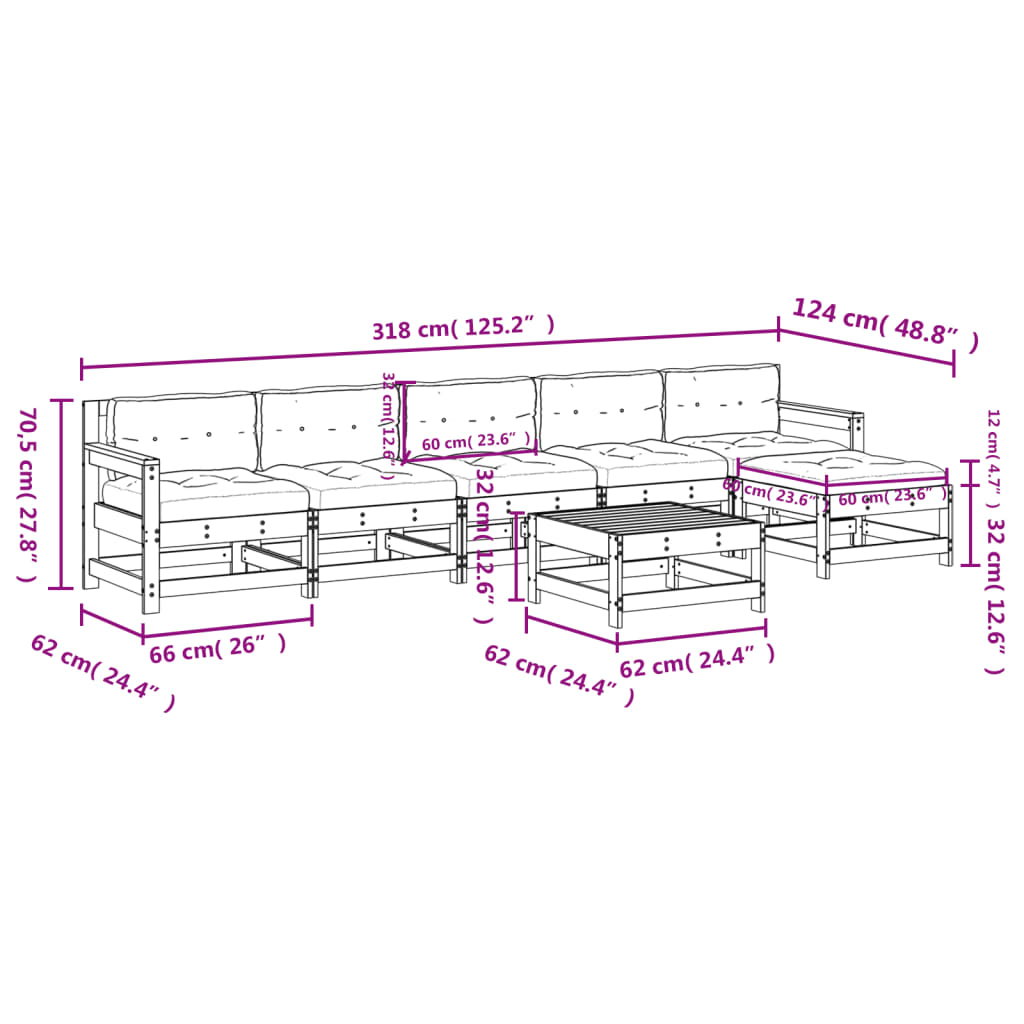 7-delige Loungeset met kussens massief hout