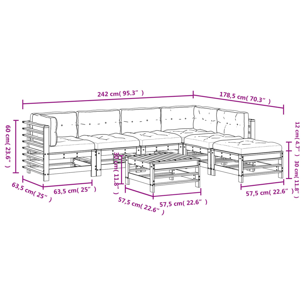 7-delige Loungeset met kussens massief hout