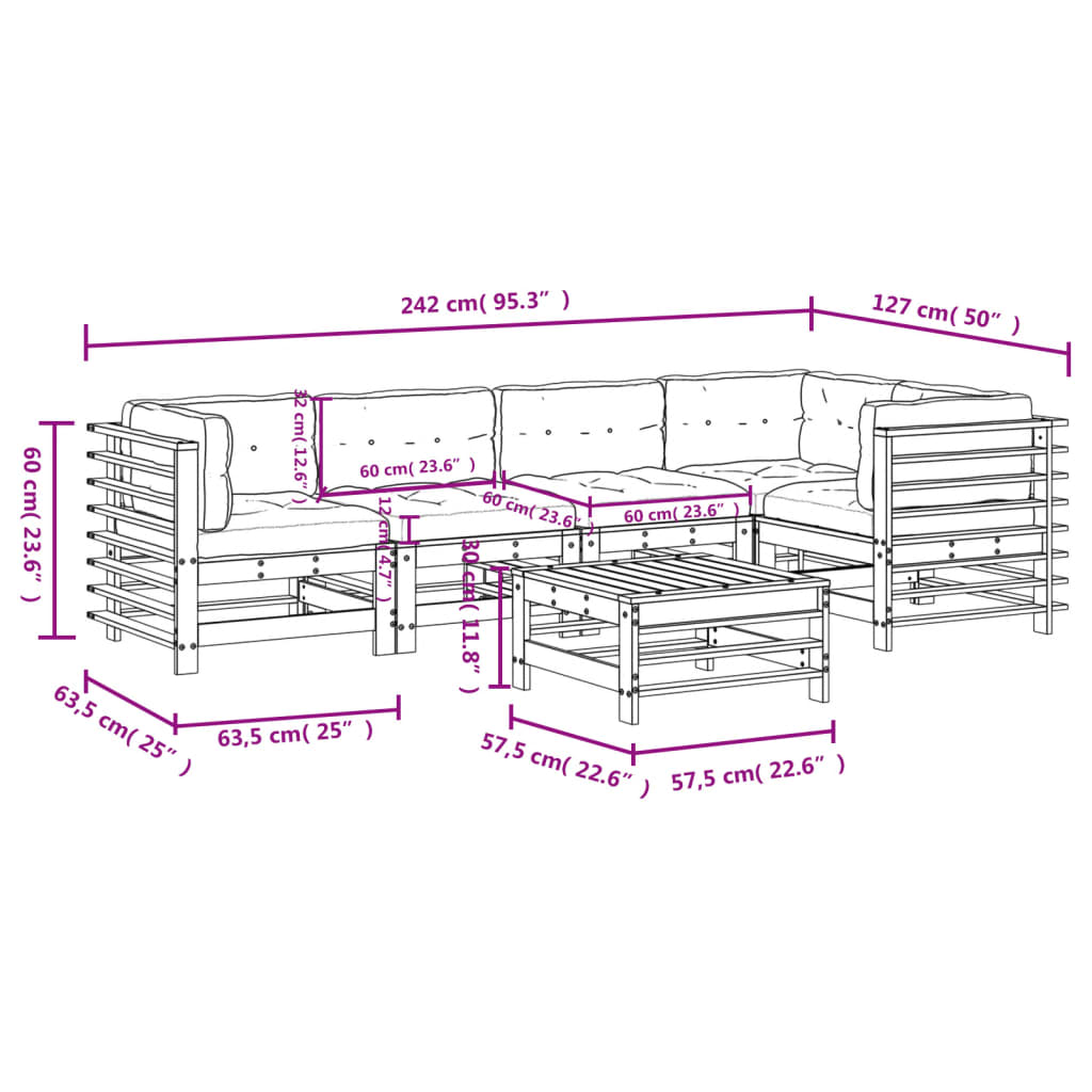 6-delige Loungeset met kussens massief hout