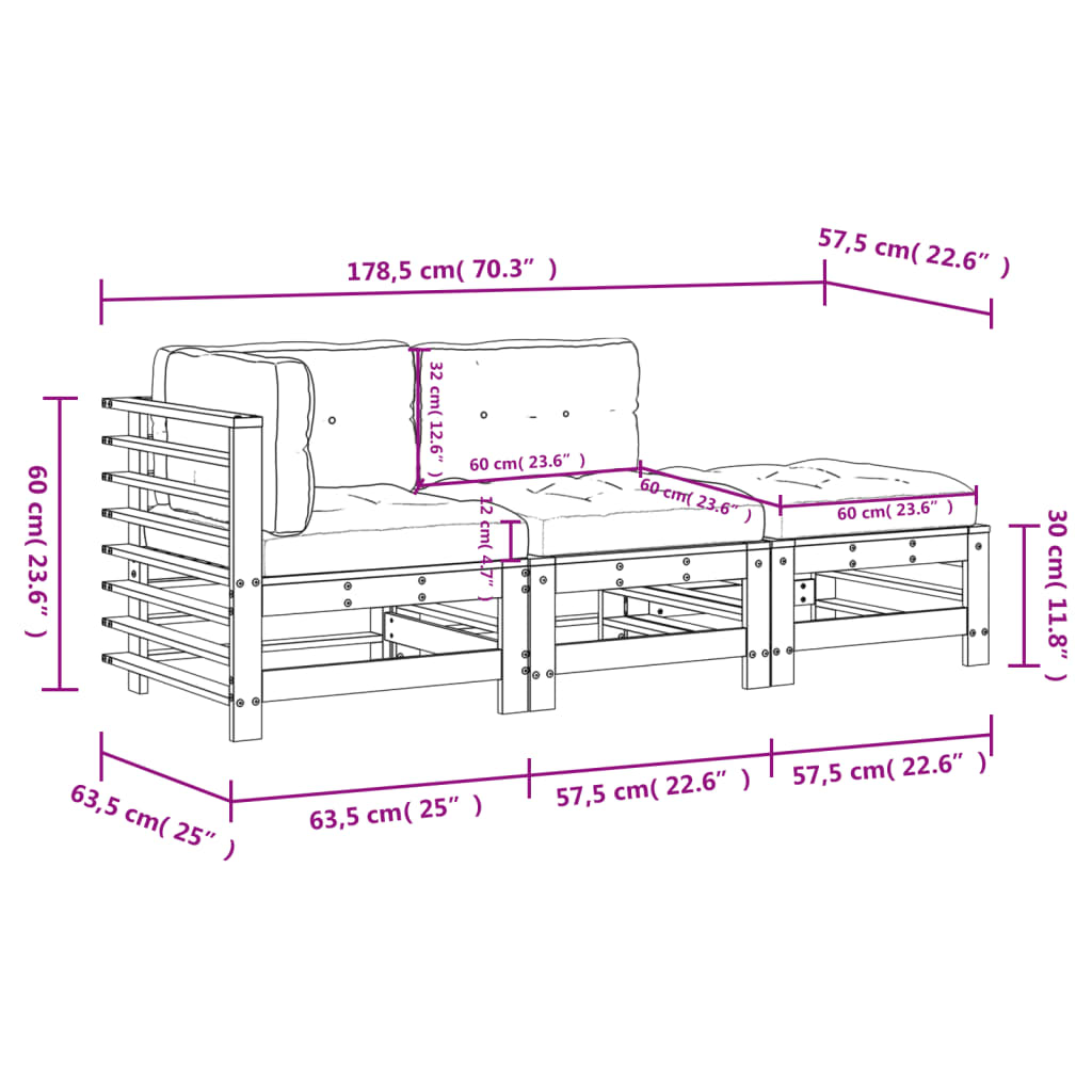 3-delige Loungeset met kussens massief hout