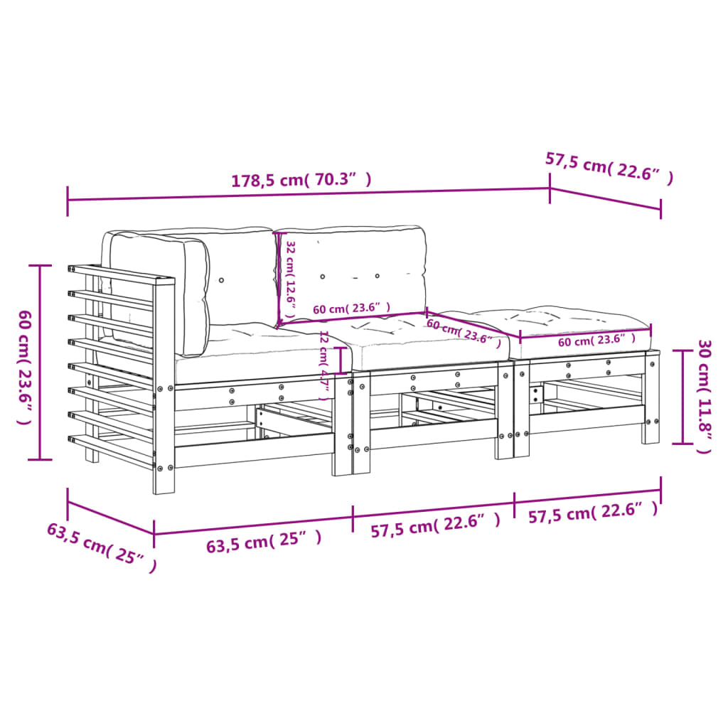 3-delige Loungeset met kussens massief hout