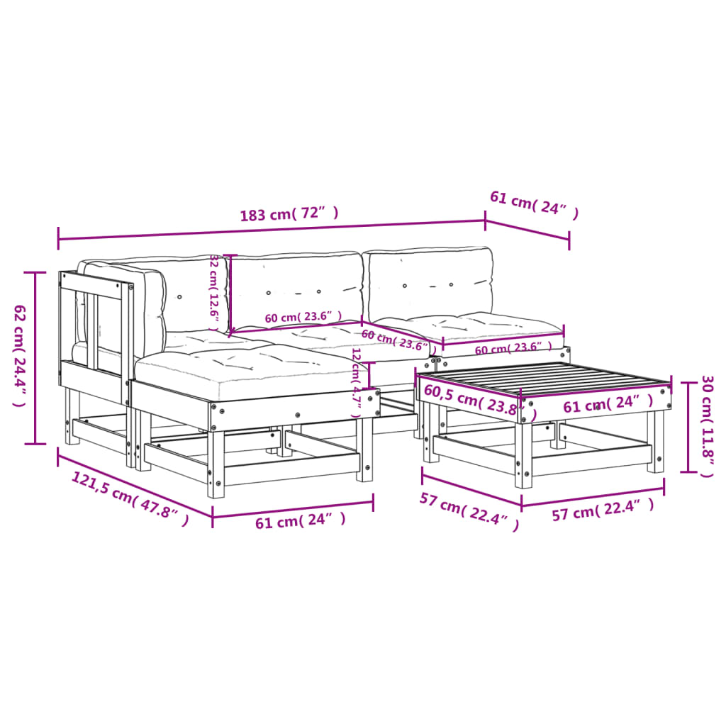 5-delige Loungeset met kussens massief hout