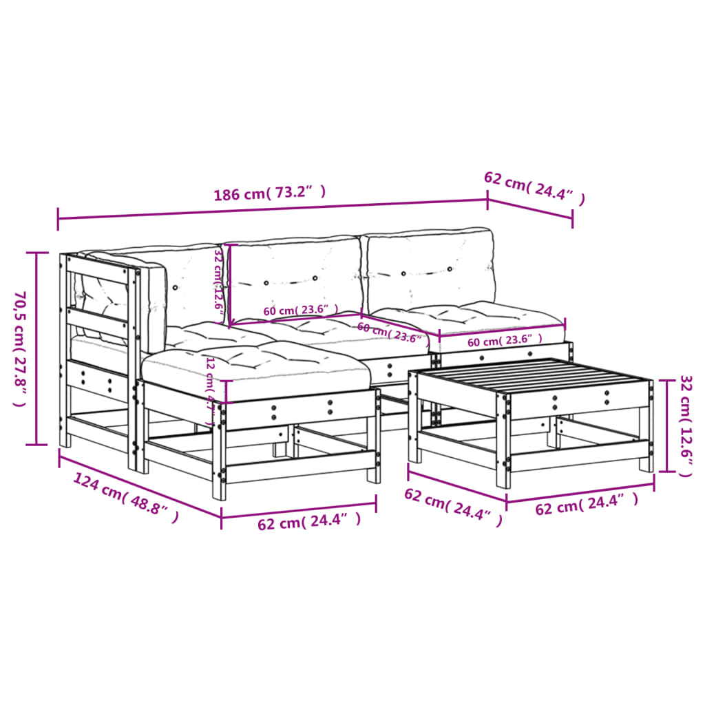 5-delige Loungeset met kussens massief hout