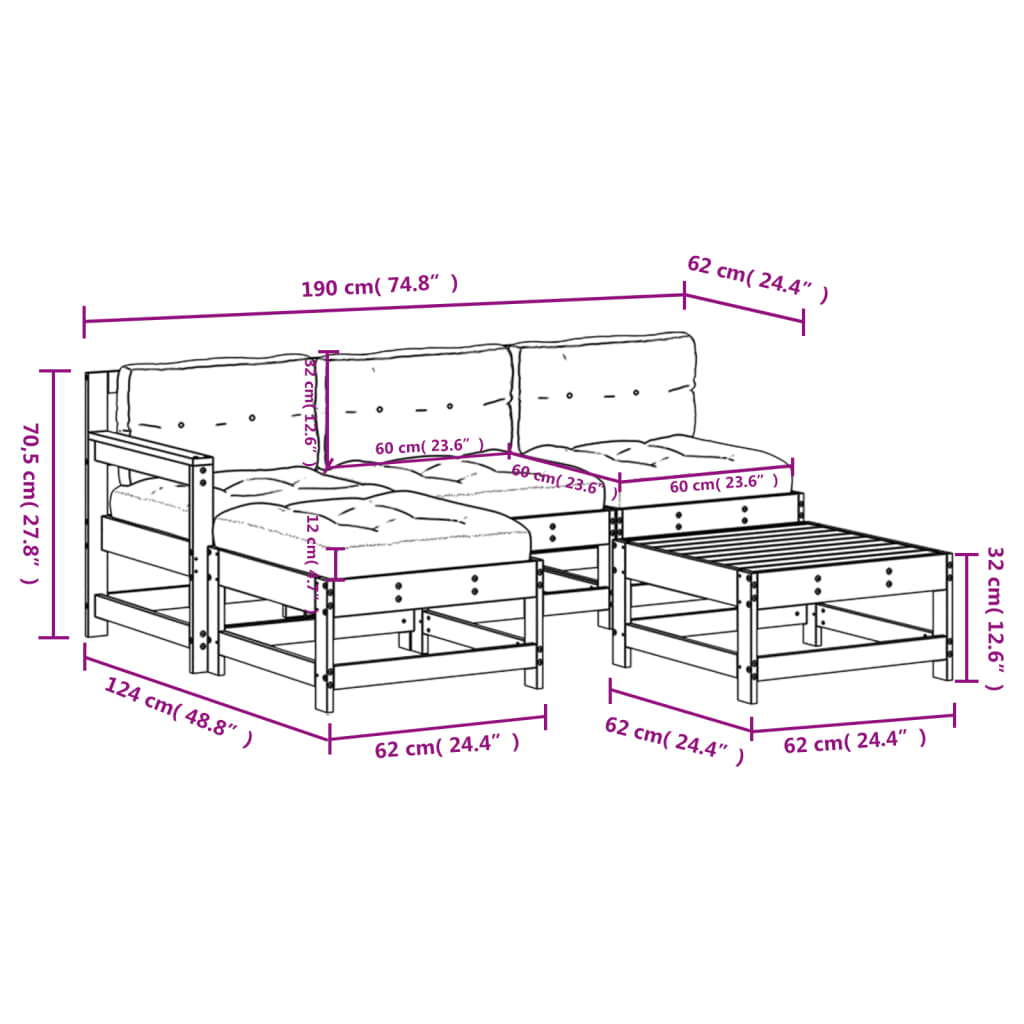 5-delige Loungeset met kussens massief hout