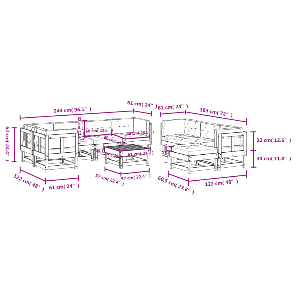 10-delige Loungeset met kussens massief hout