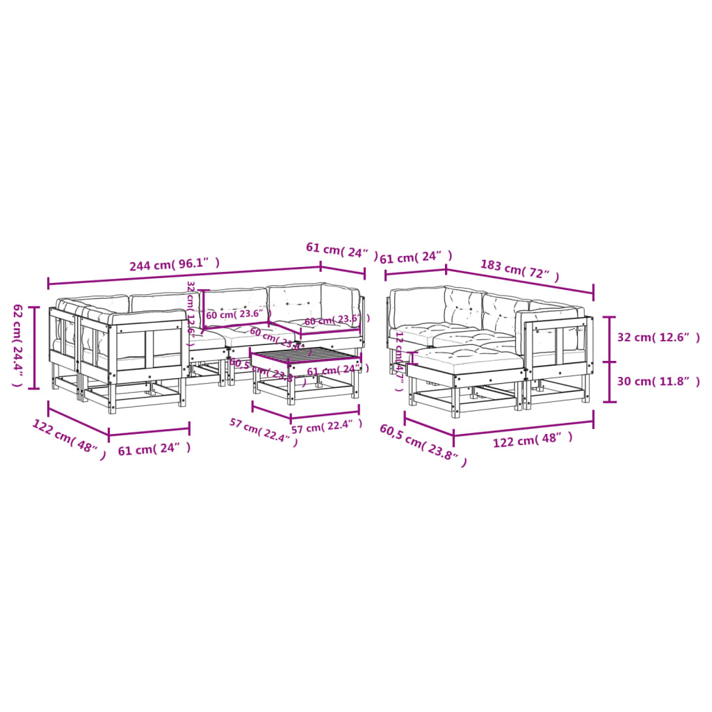 10-delige Loungeset met kussens massief hout