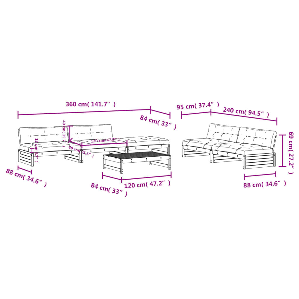 6-delige Loungeset met kussens massief hout