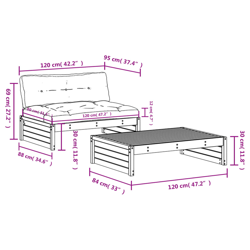 2-delige Loungeset met kussens massief hout