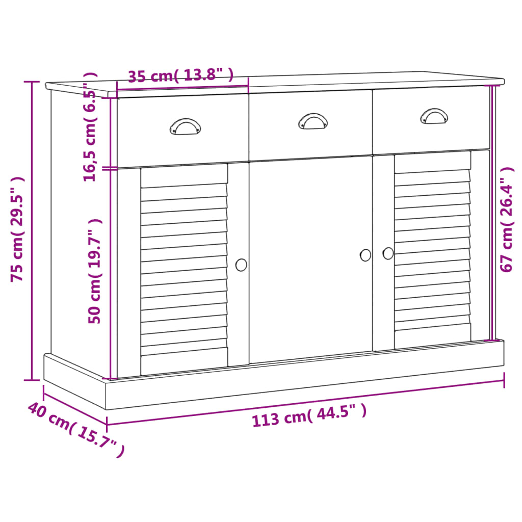 Dressoir met lades VIGO 113x40x75 cm massief grenenhout