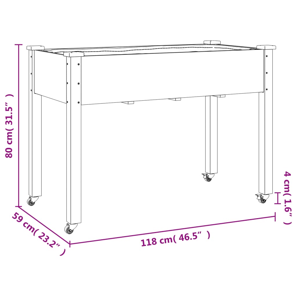 Plantenbak met voering 118x59x76 cm massief vurenhout