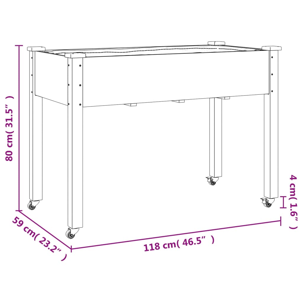 Plantenbak met voering 118x59x76 cm massief vurenhout