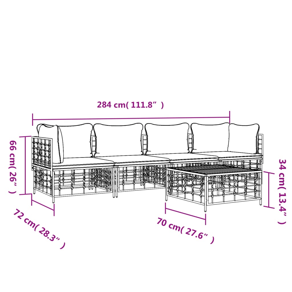 5-delige Loungeset met kussens poly rattan antracietkleurig