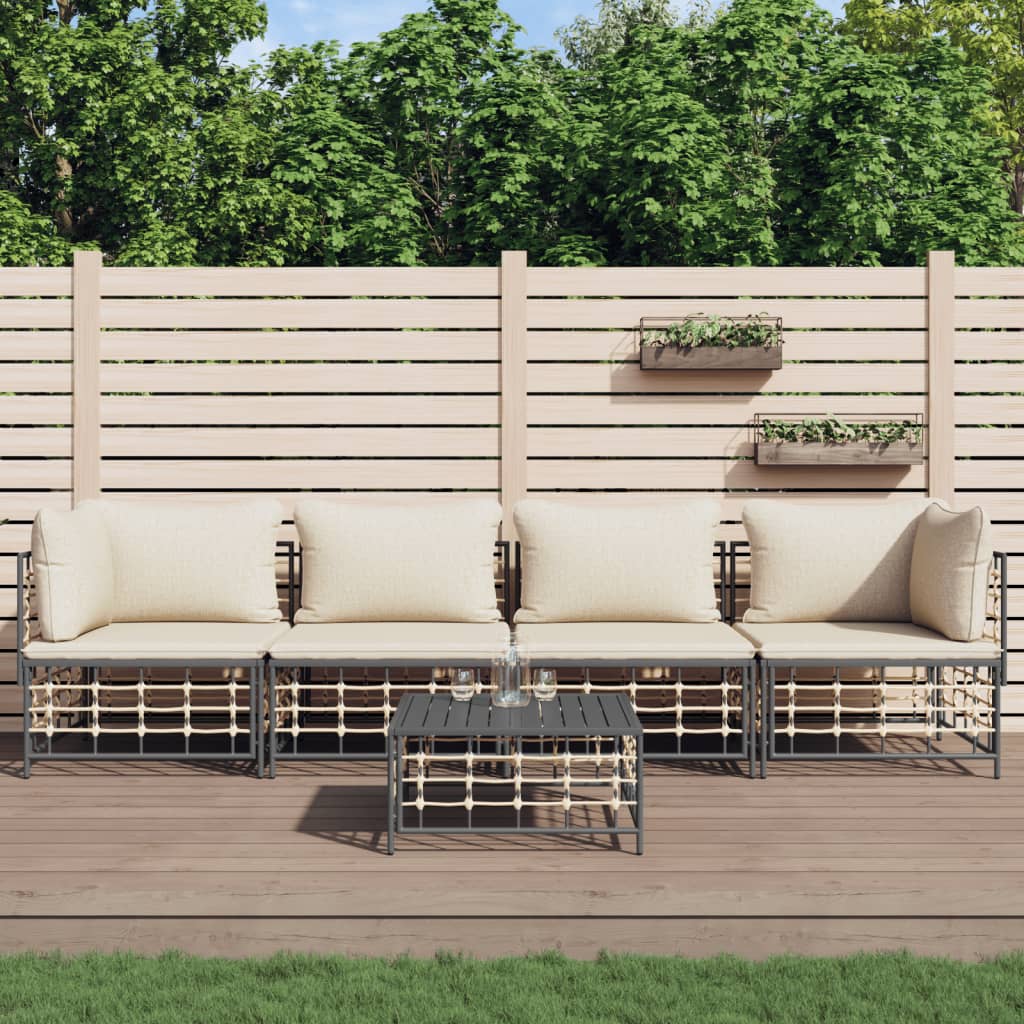 5-delige Loungeset met kussens poly rattan antracietkleurig