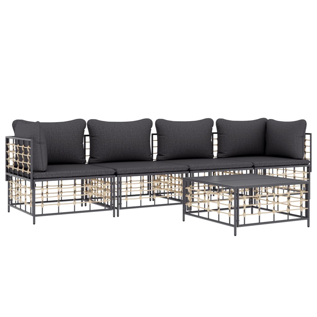 5-delige Loungeset met kussens poly rattan antracietkleurig