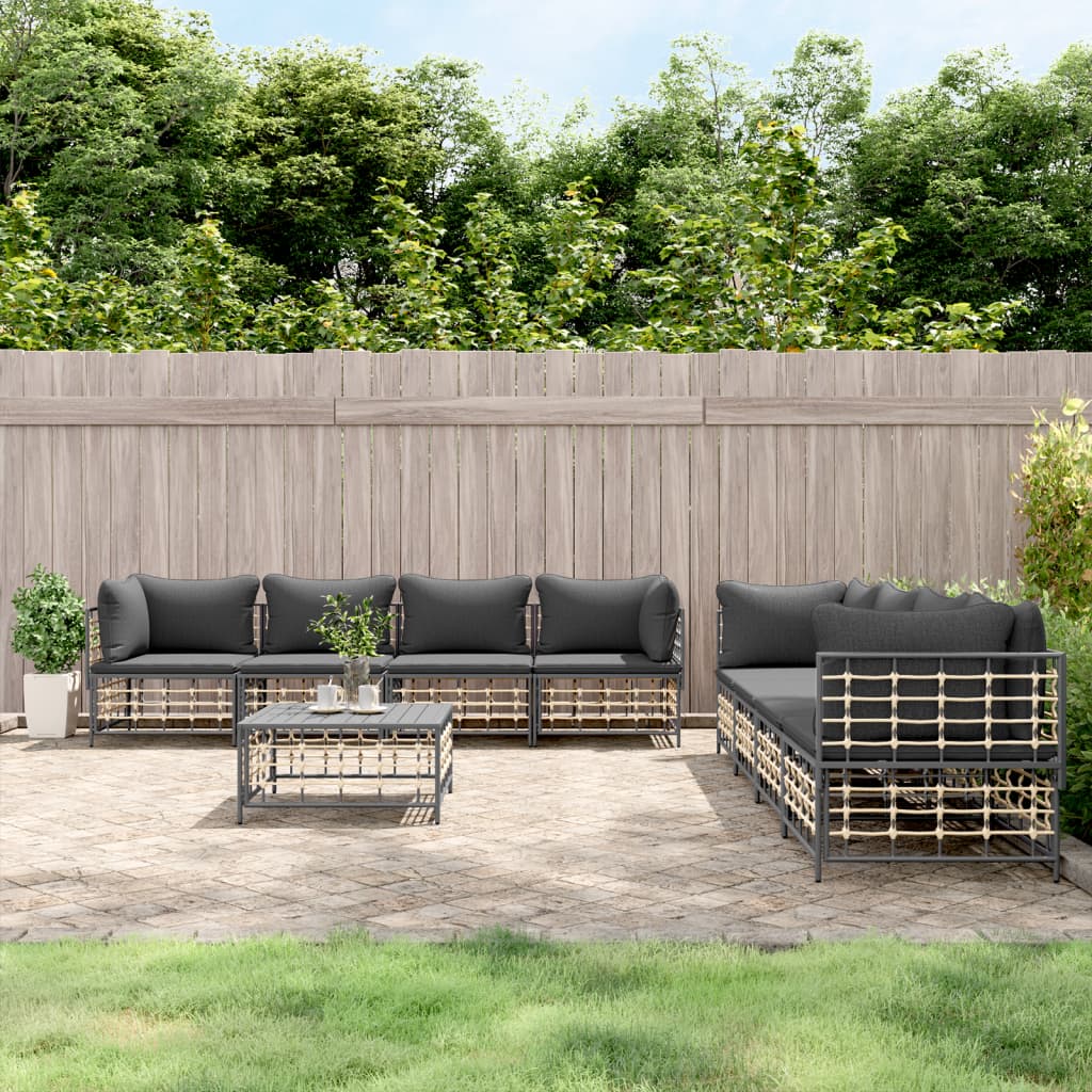 9-delige Loungeset met kussens poly rattan antracietkleurig