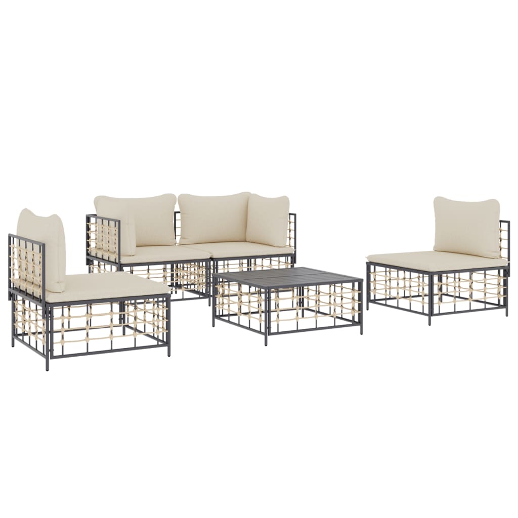 5-delige Loungeset met kussens poly rattan antracietkleurig