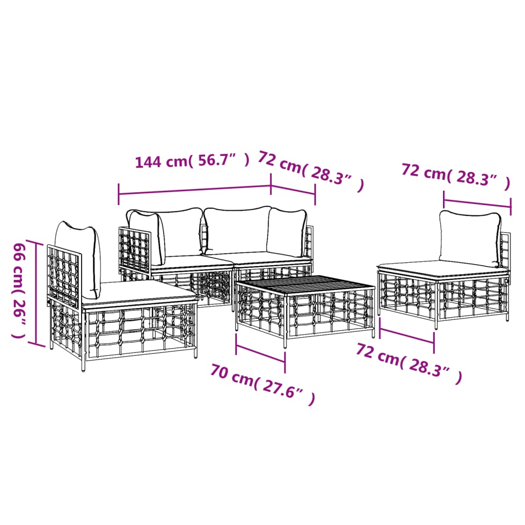 5-delige Loungeset met kussens poly rattan antracietkleurig