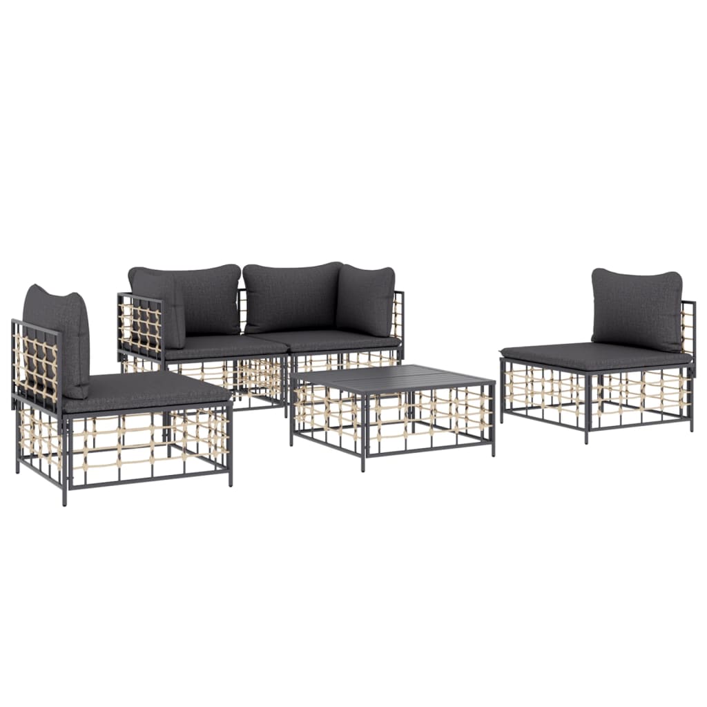 5-delige Loungeset met kussens poly rattan antracietkleurig