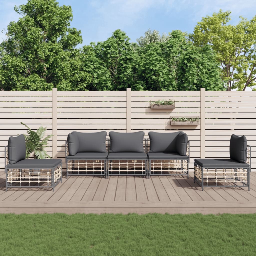 5-delige Loungeset met kussens poly rattan antracietkleurig