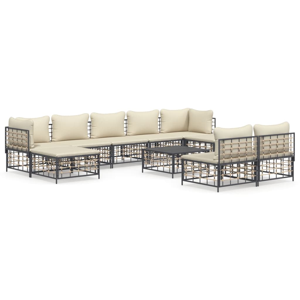 10-delige Loungeset met kussens poly rattan antracietkleurig