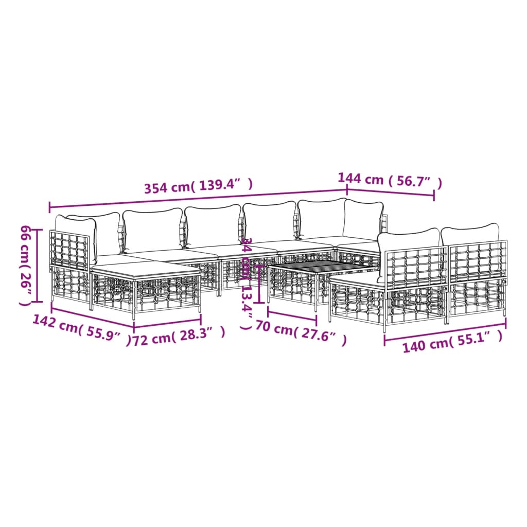 10-delige Loungeset met kussens poly rattan antracietkleurig