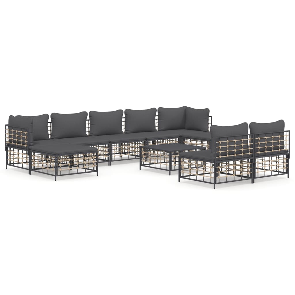 10-delige Loungeset met kussens poly rattan antracietkleurig