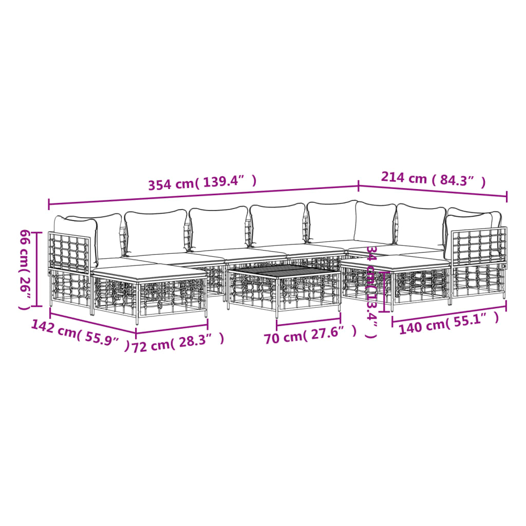 10-delige Loungeset met kussens poly rattan antracietkleurig