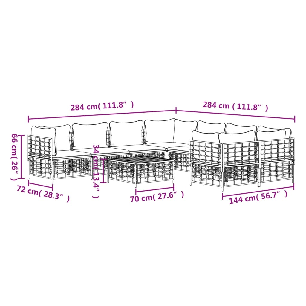 9-delige Loungeset met kussens poly rattan antracietkleurig