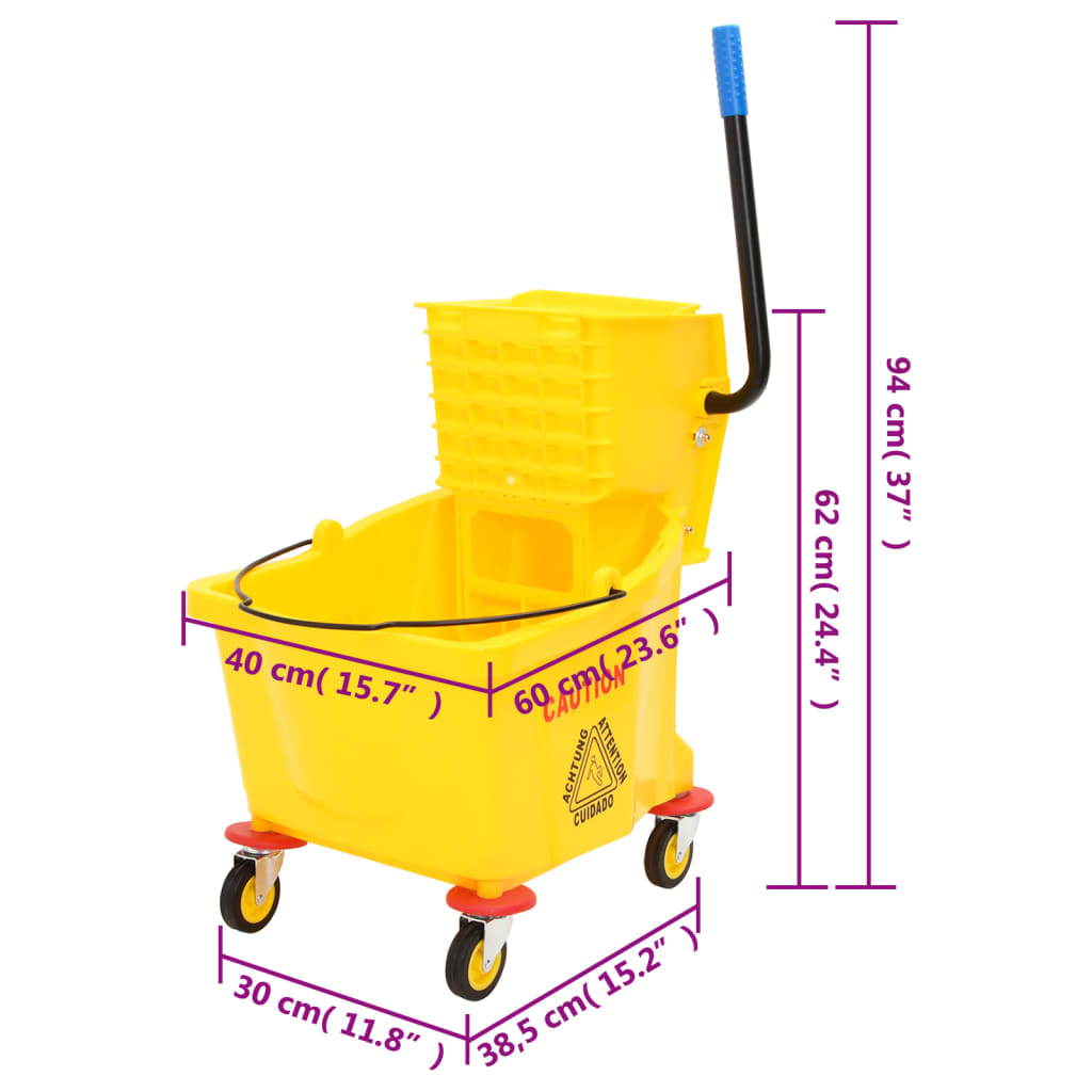 Dweilemmer met wringer en wielen 36 L polypropeen geel