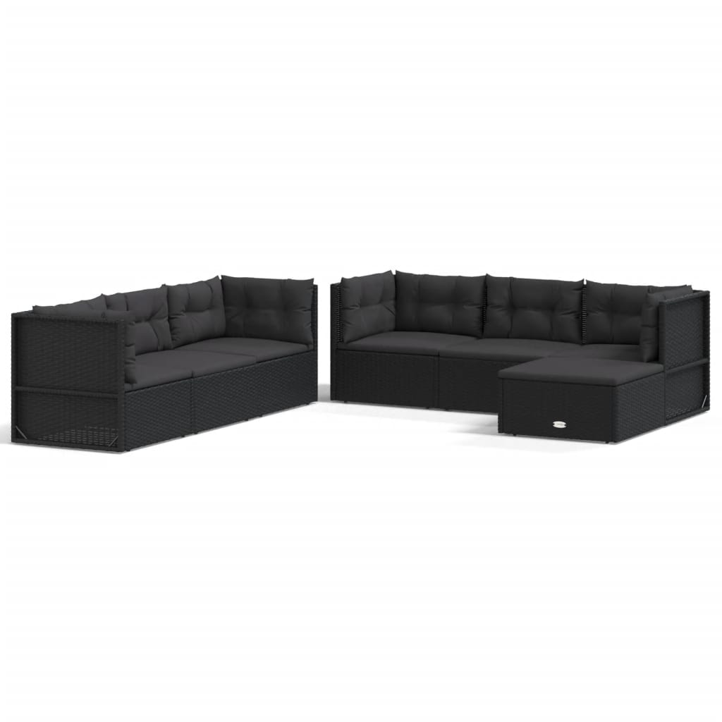 9-delige Loungeset met kussens poly rattan zwart