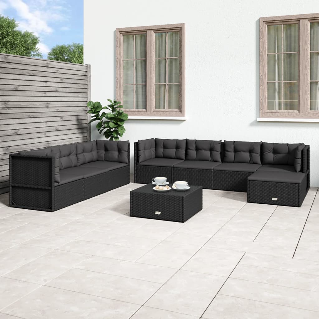 9-delige Loungeset met kussens poly rattan zwart