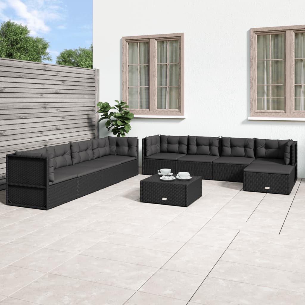 9-delige Loungeset met kussens poly rattan zwart