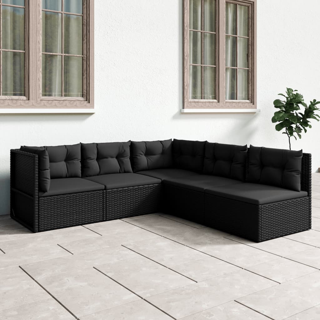 6-delige Loungeset met kussens poly rattan zwart