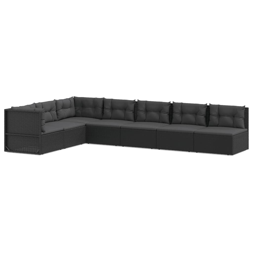 7-delige Loungeset met kussens poly rattan zwart