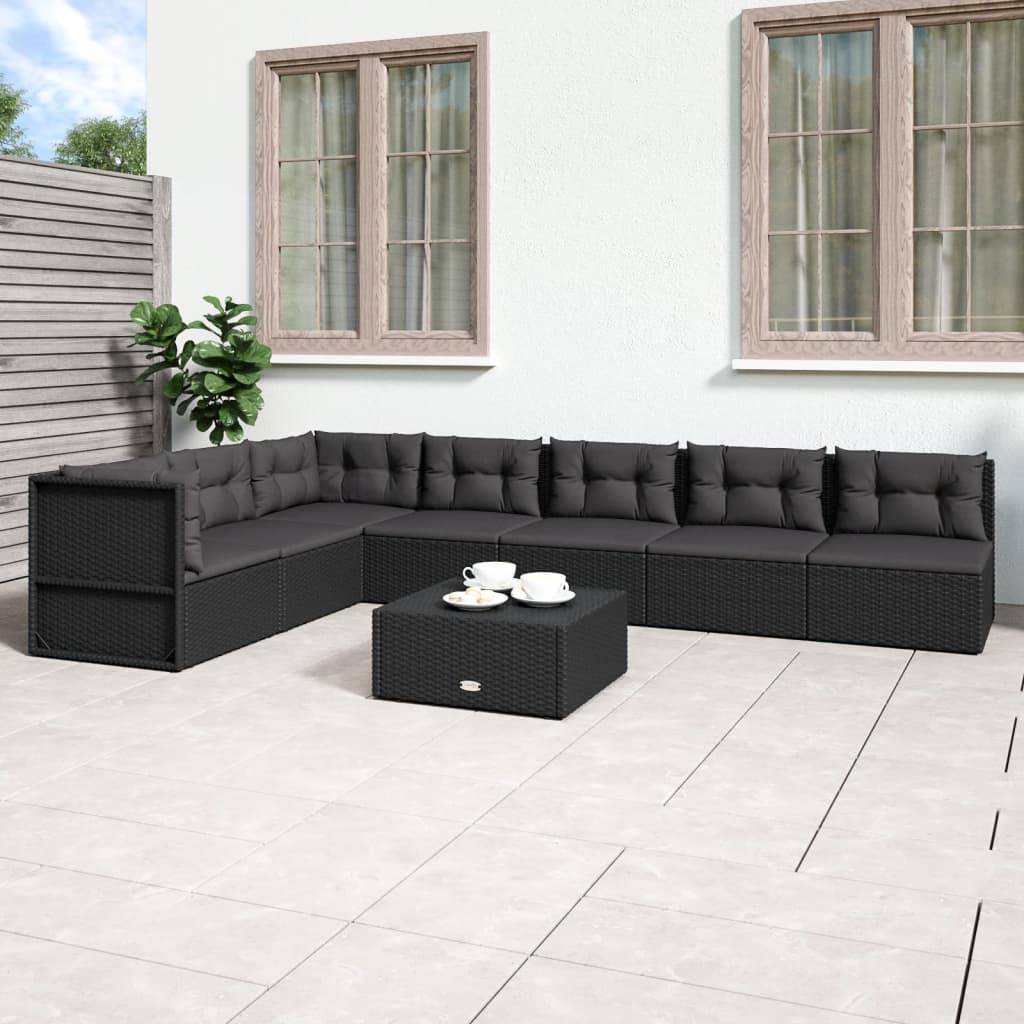 7-delige Loungeset met kussens poly rattan zwart