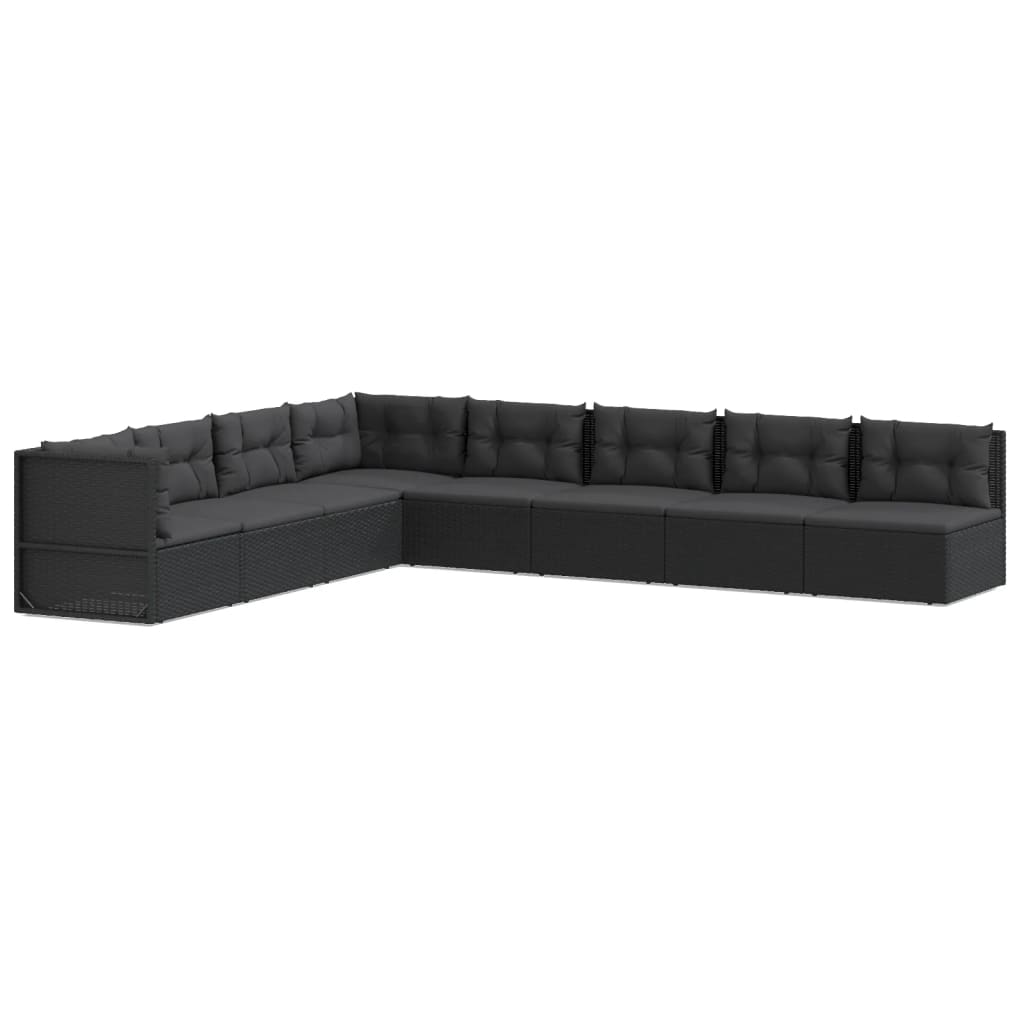 7-delige Loungeset met kussens poly rattan zwart