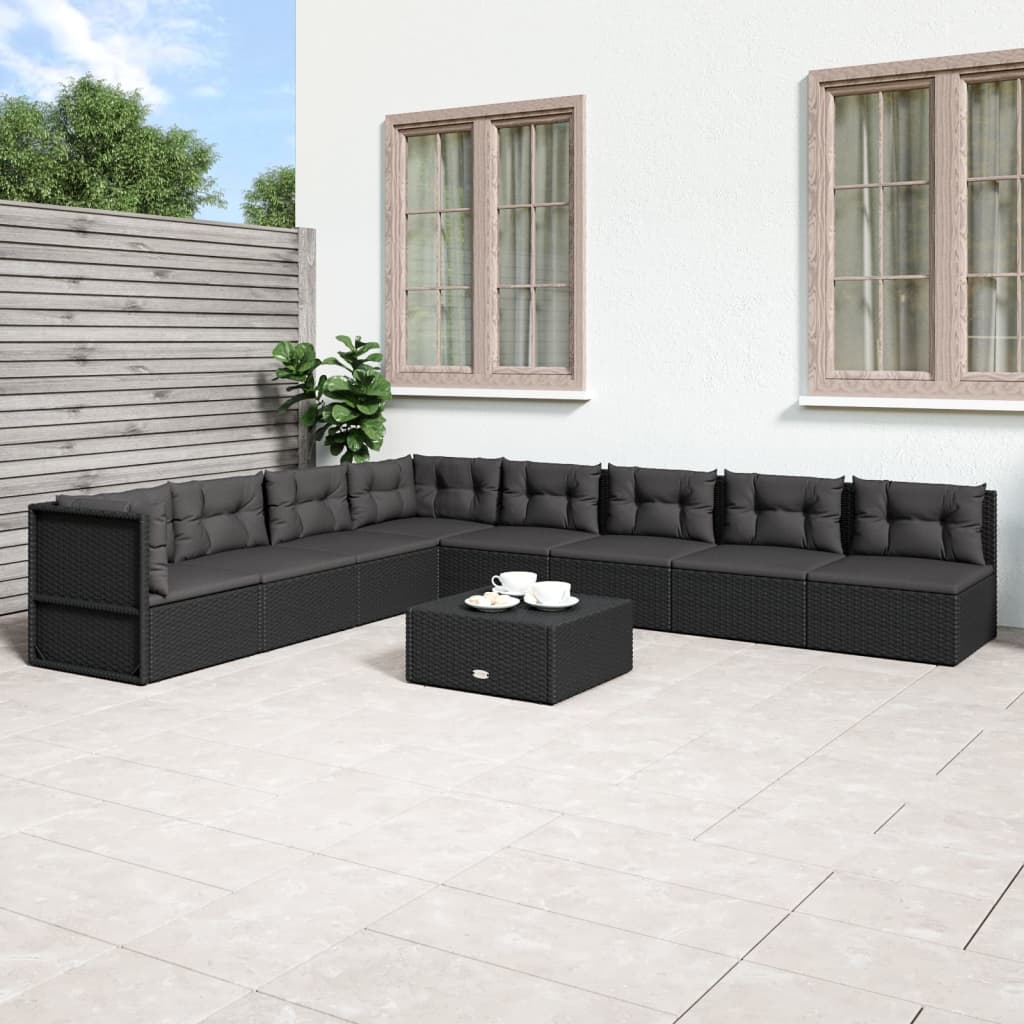 9-delige Loungeset met kussens poly rattan zwart