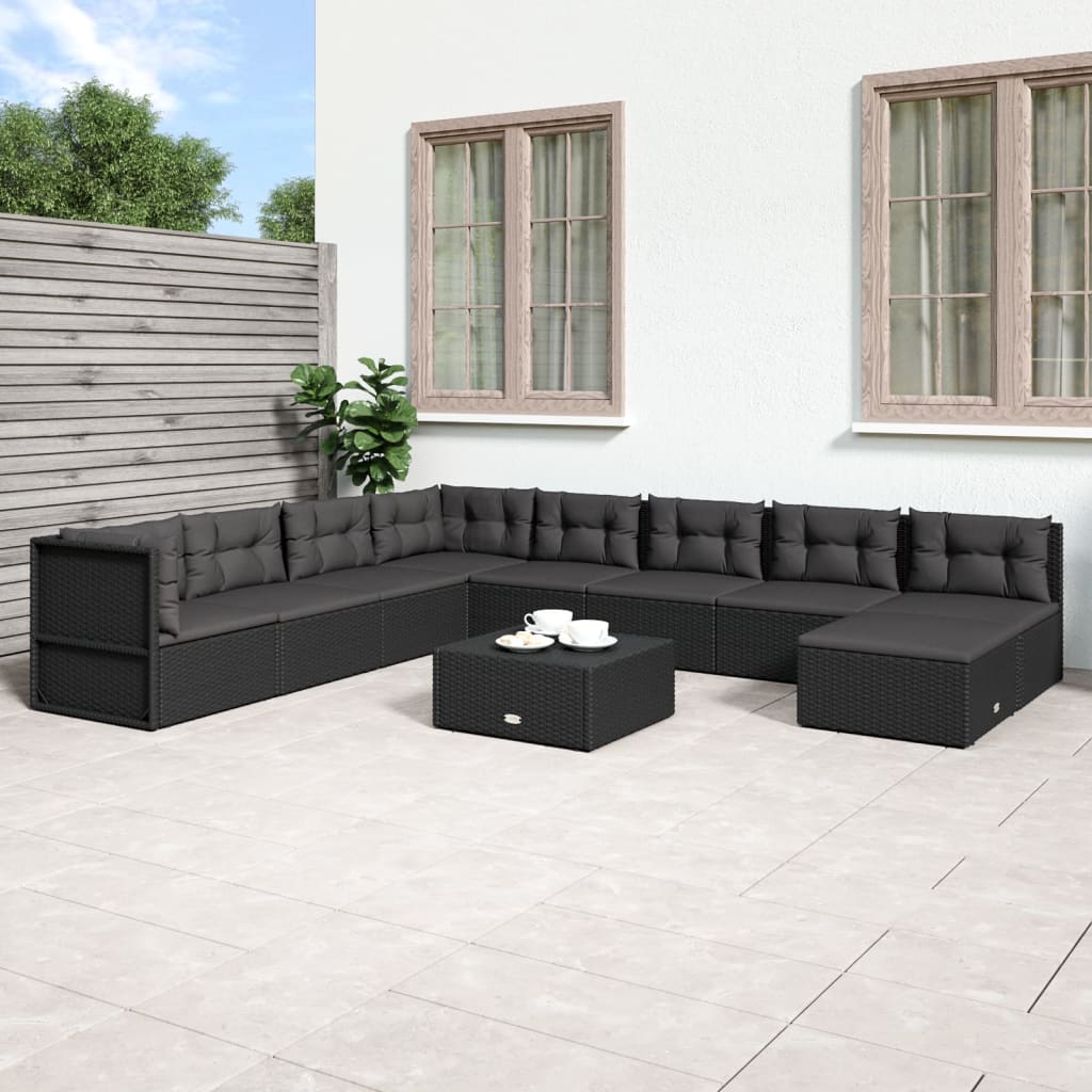 7-delige Loungeset met kussens poly rattan zwart