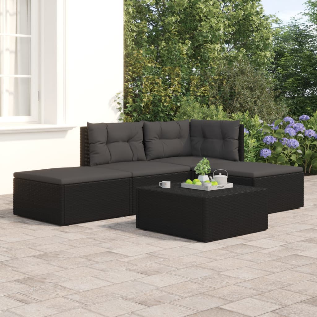 4-delige Loungeset met kussens poly rattan zwart