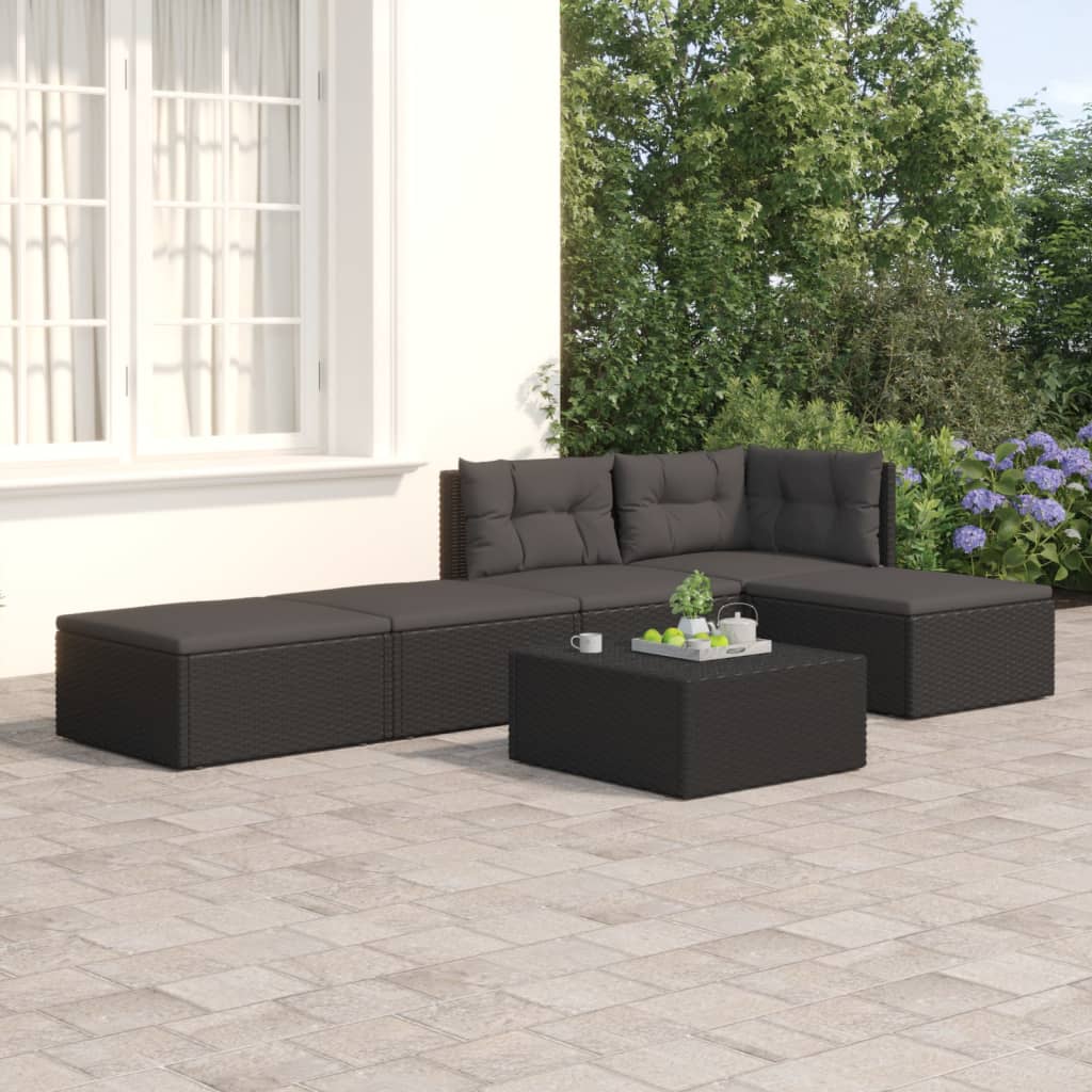 6-delige Loungeset met kussens poly rattan zwart