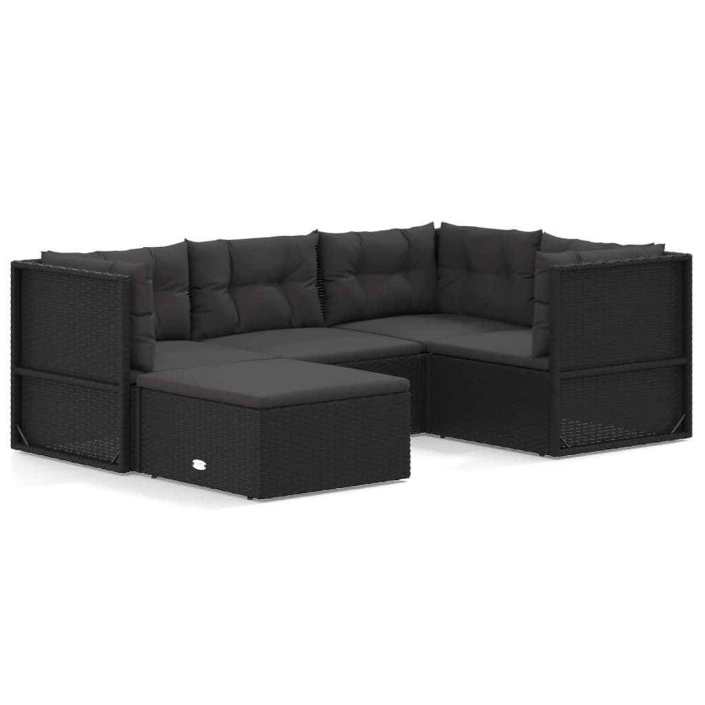 5-delige Loungeset met kussens poly rattan zwart