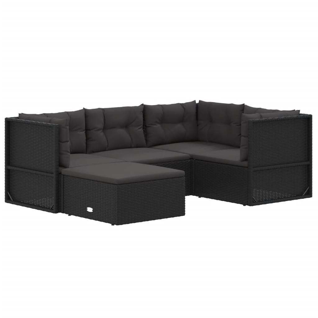 5-delige Loungeset met kussens poly rattan zwart