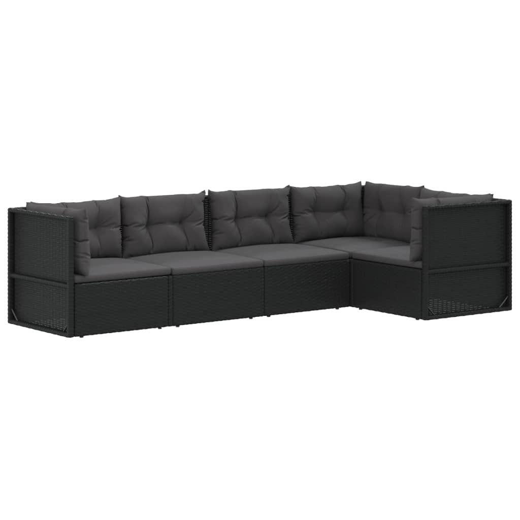 5-delige Loungeset met kussens poly rattan zwart