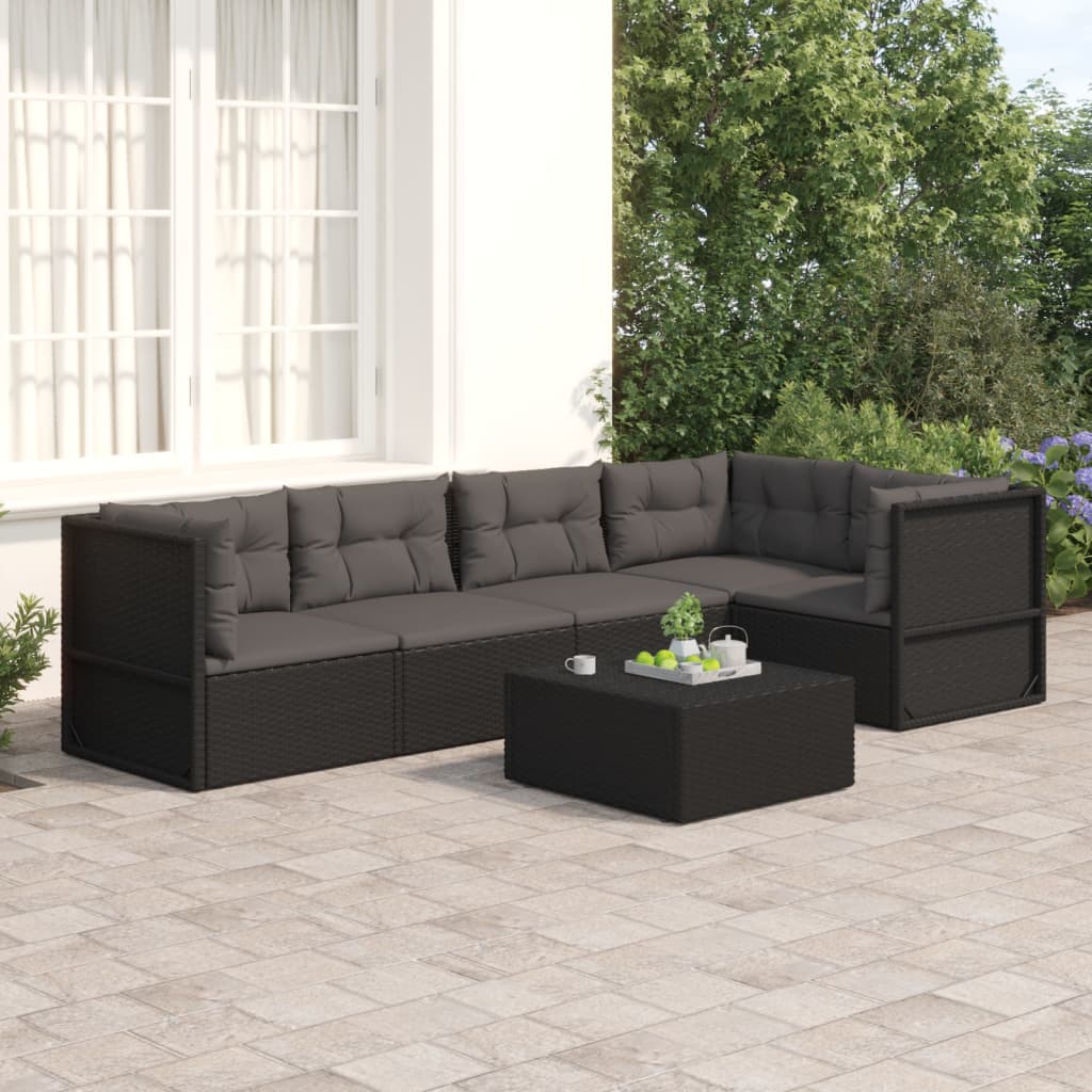 5-delige Loungeset met kussens poly rattan zwart